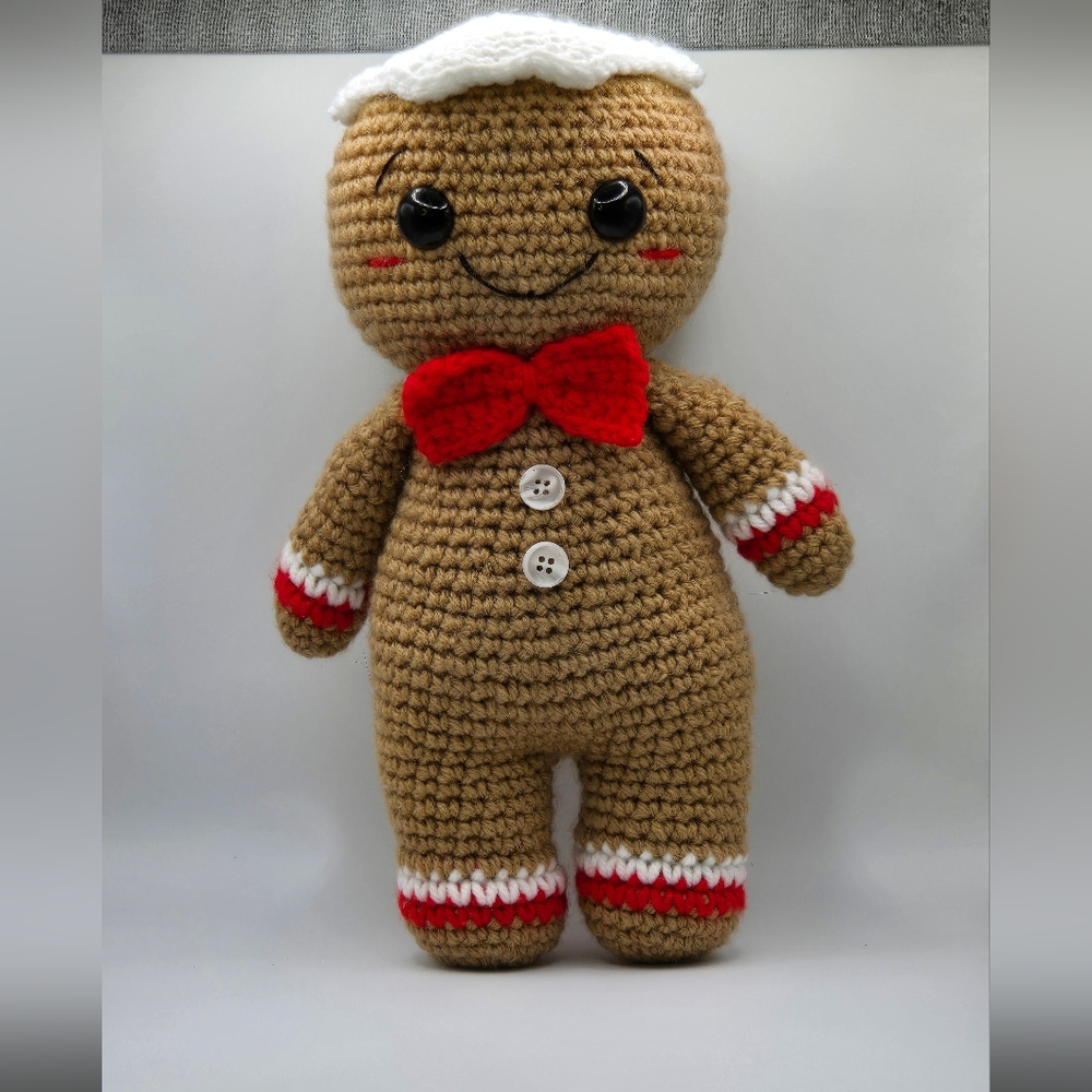 Handmade Crochet Gingerbread Plush with Red Bow